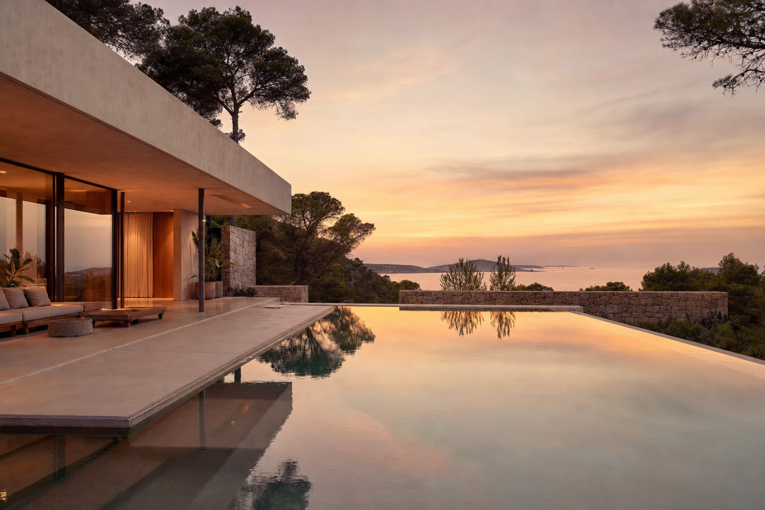 Modern Ibiza villa at sunset